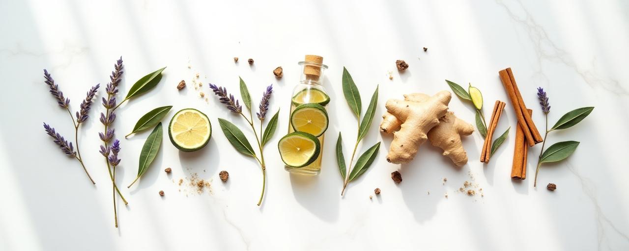Artisan herbal tea ingredients spread across a clean white table