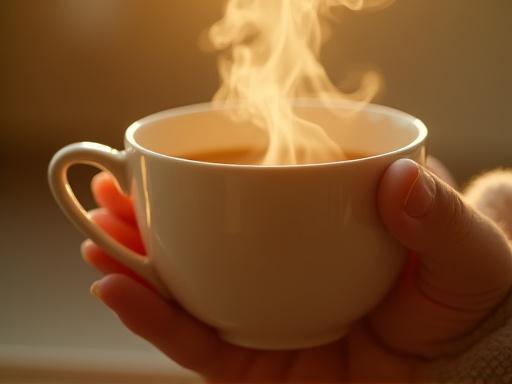 Steam rising from a ceramic tea mug