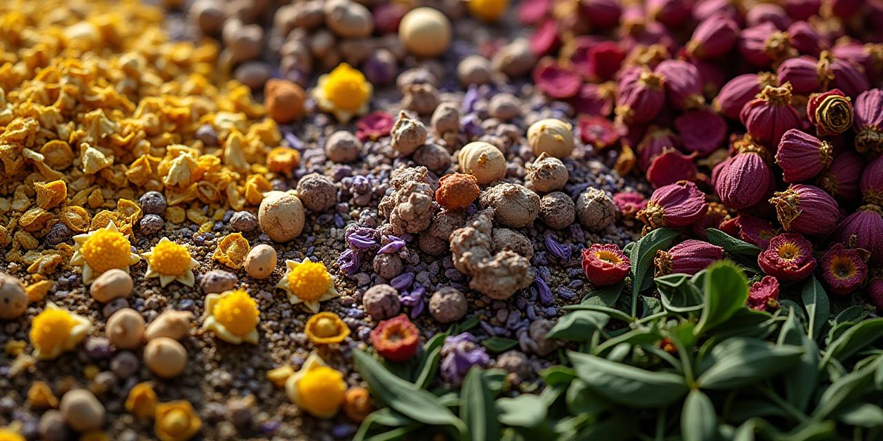 Close-up view of premium loose leaf herbal tea textures and dried flowers