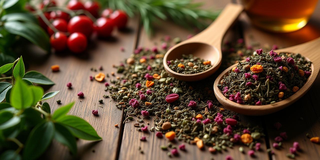 Artistic overhead shot of dried herbs and wooden spoons