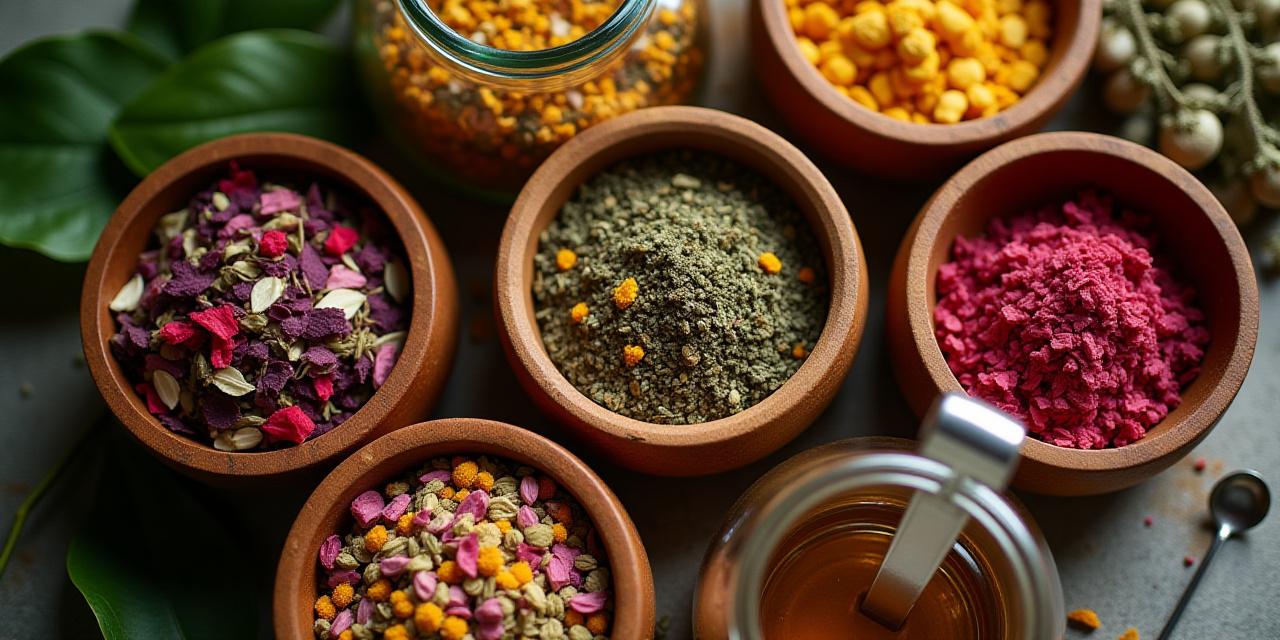 Artisanal tea blending station with various herbs and silver spoons