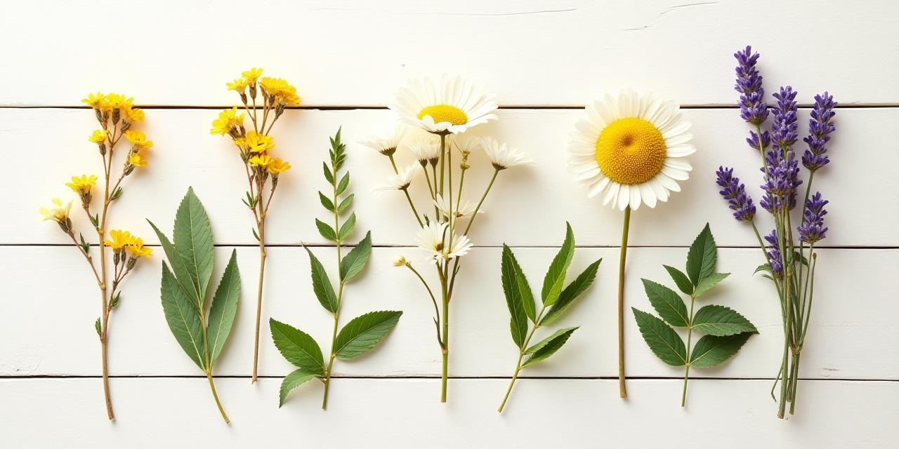 Variety of fresh and dried herbs on a clean wooden surface